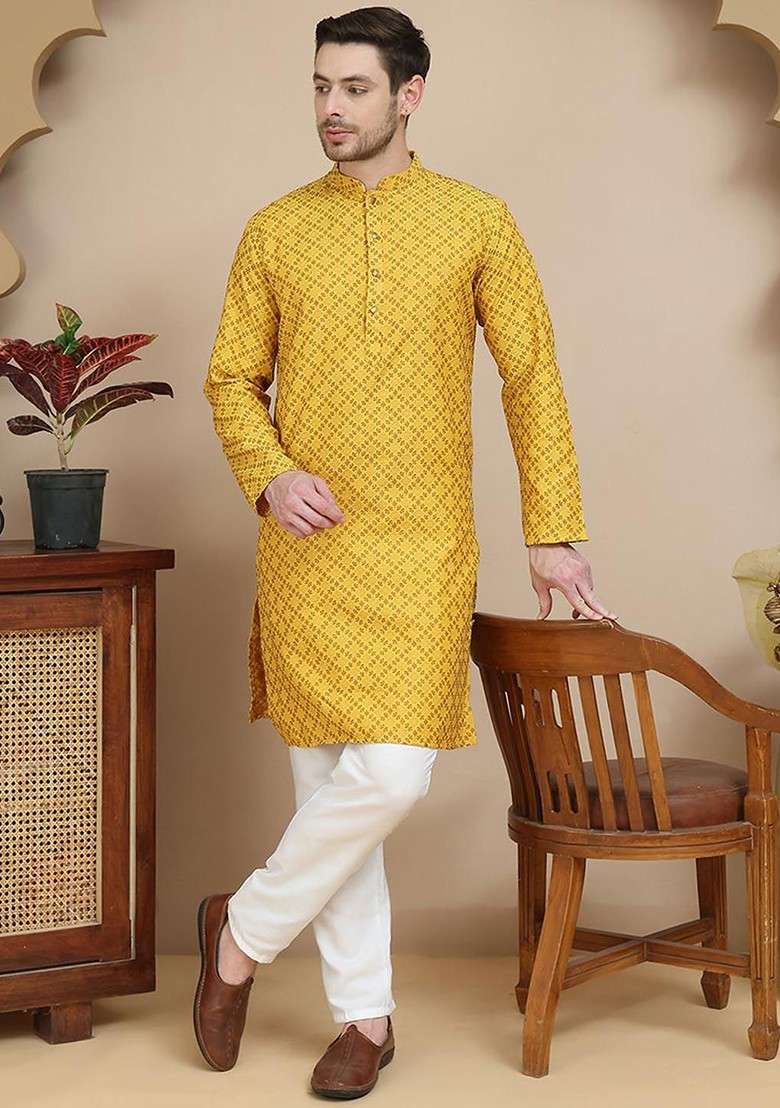 Mustard Yellow Woven Design Poly Blend Kurta Set For Men - Indya