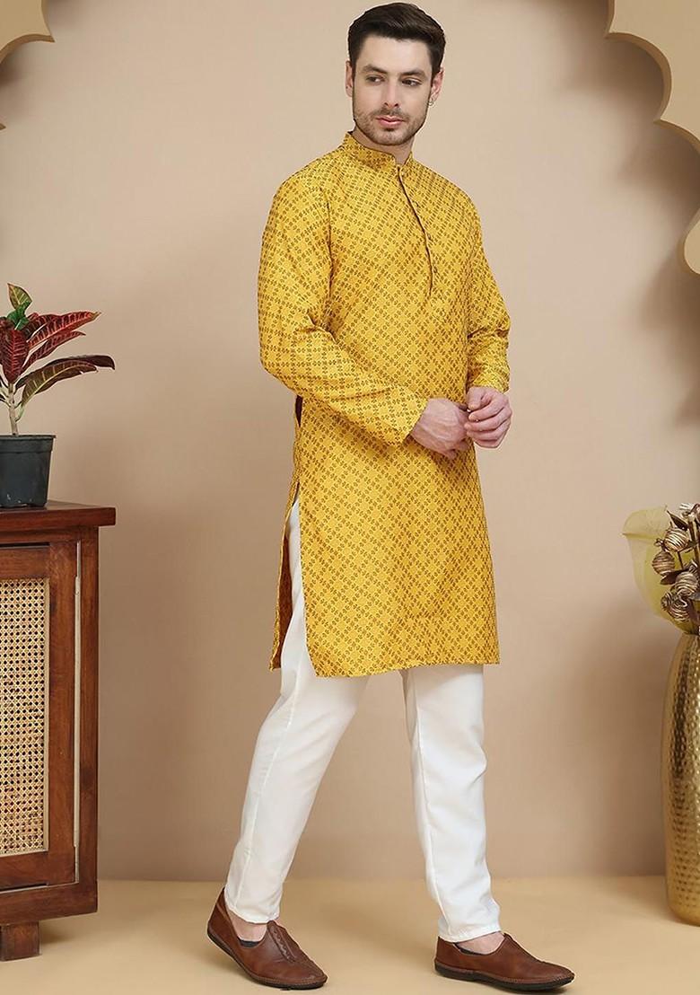 Mustard Yellow Woven Design Poly Blend Kurta Set For Men