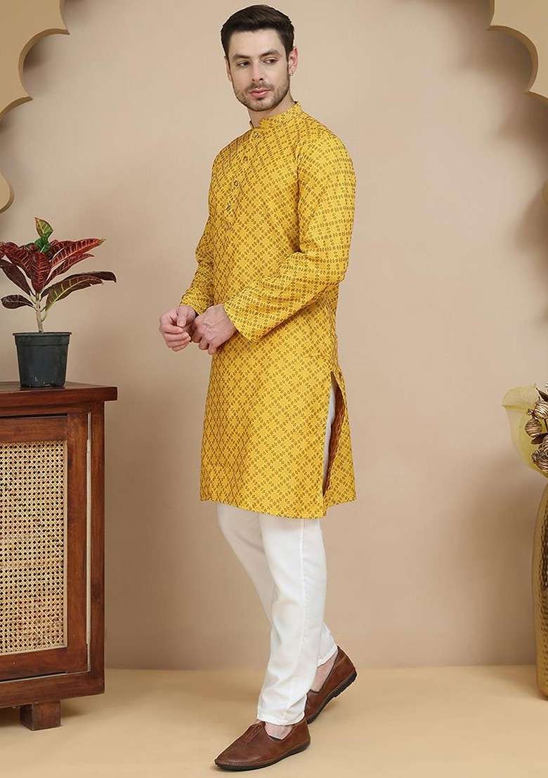 Mustard Yellow Woven Design Poly Blend Kurta Set For Men - Indya