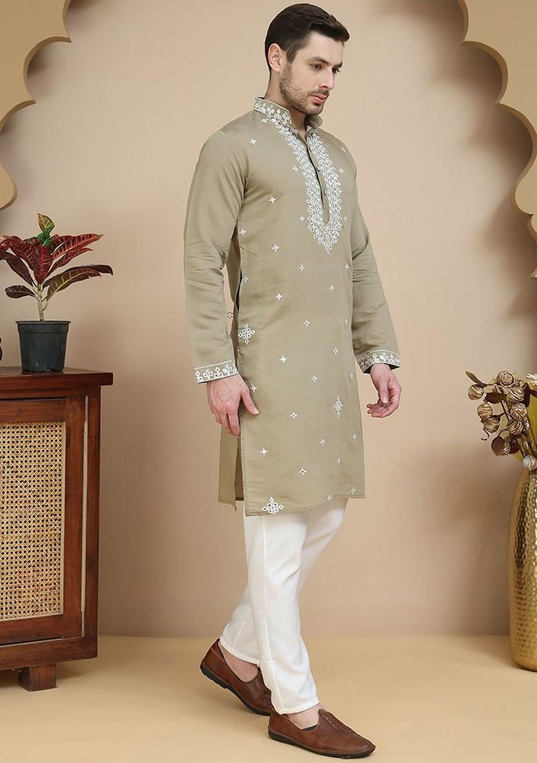 Brown Embroidered Poly Blend Kurta Set For Men