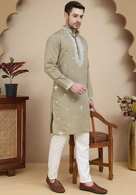Brown Embroidered Poly Blend Kurta Set For Men