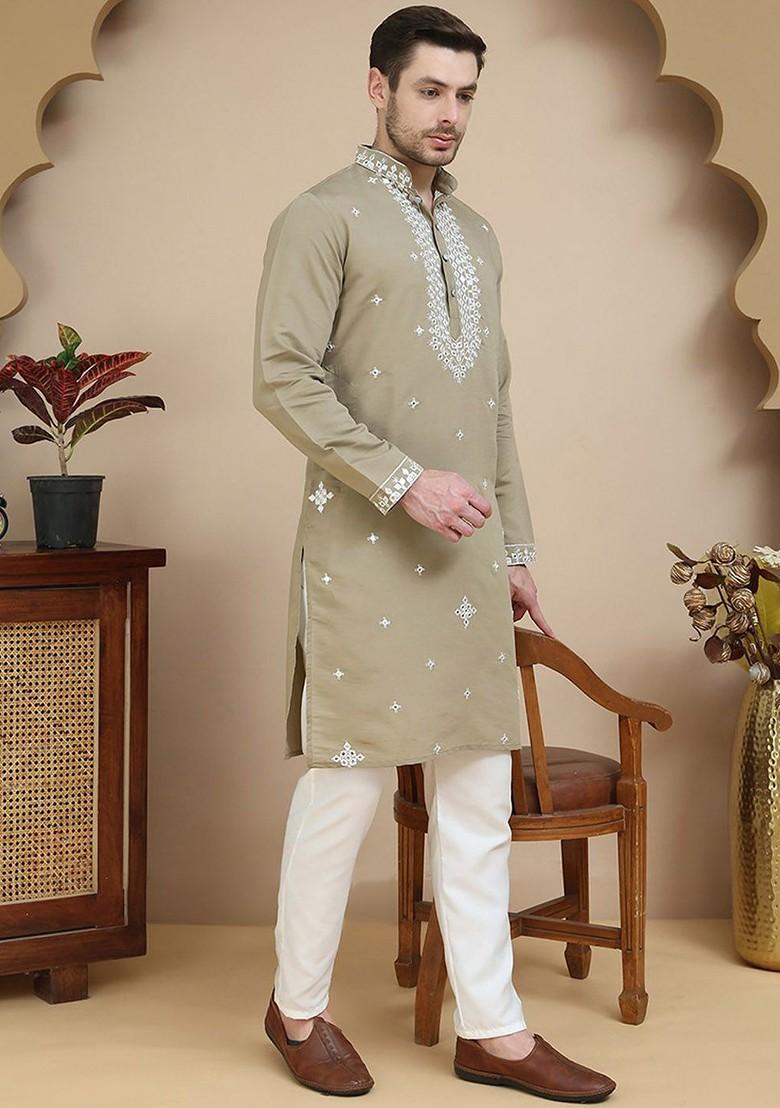 Brown Embroidered Poly Blend Kurta Set For Men
