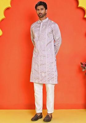 Lavender Embroidered Poly Blend Kurta Set For Men
