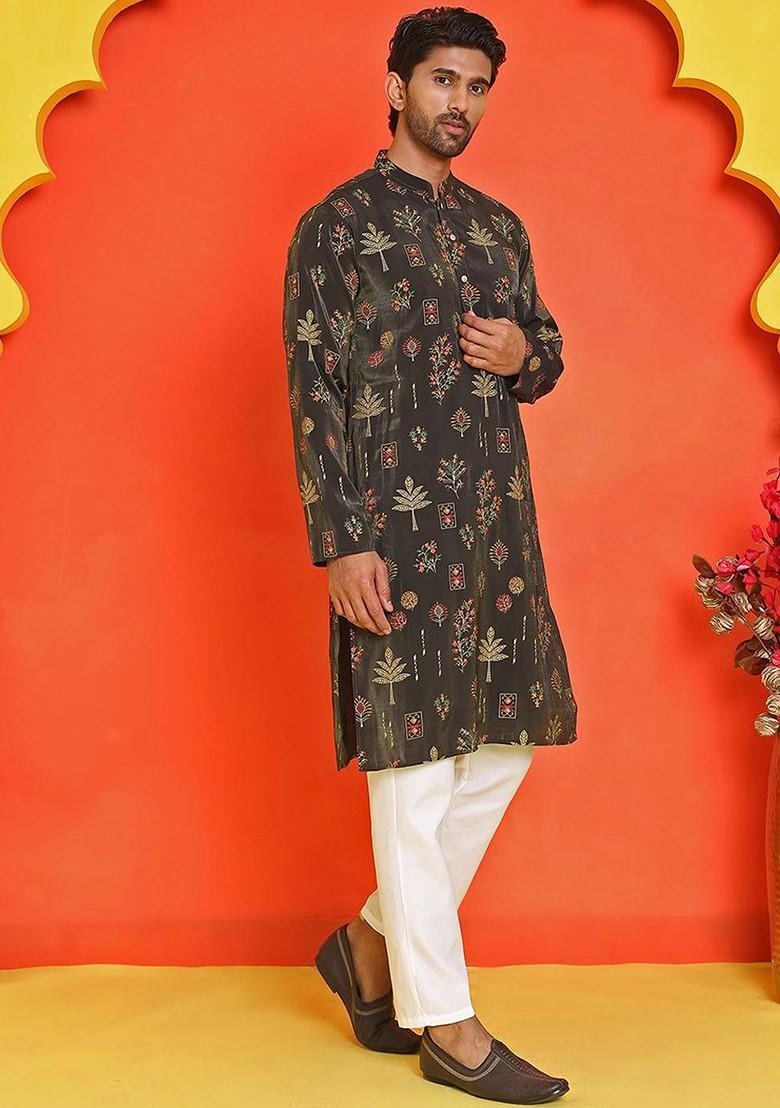 Black Printed Poly Blend Kurta Set For Men