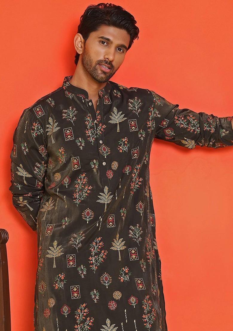Black Printed Poly Blend Kurta Set For Men