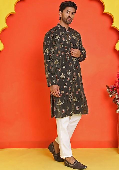 Black Printed Poly Blend Kurta Set For Men