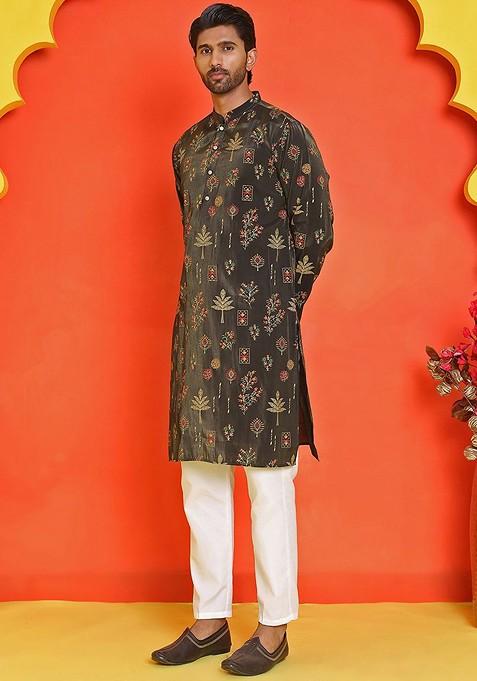 Black Printed Poly Blend Kurta Set For Men