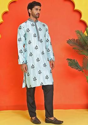 Turquoise Blue Embroidered Poly Blend Kurta Set For Men