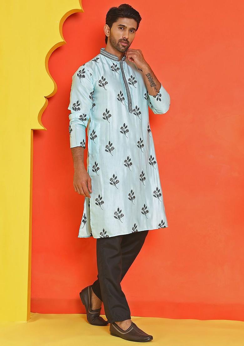 Turquoise Blue Embroidered Poly Blend Kurta Set For Men