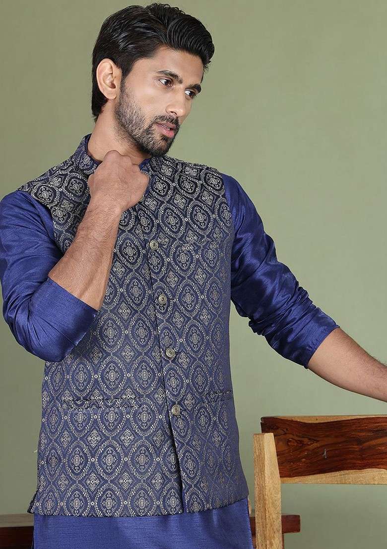 Navy Blue Printed Poly Blend Kurta Set For Men - Indya