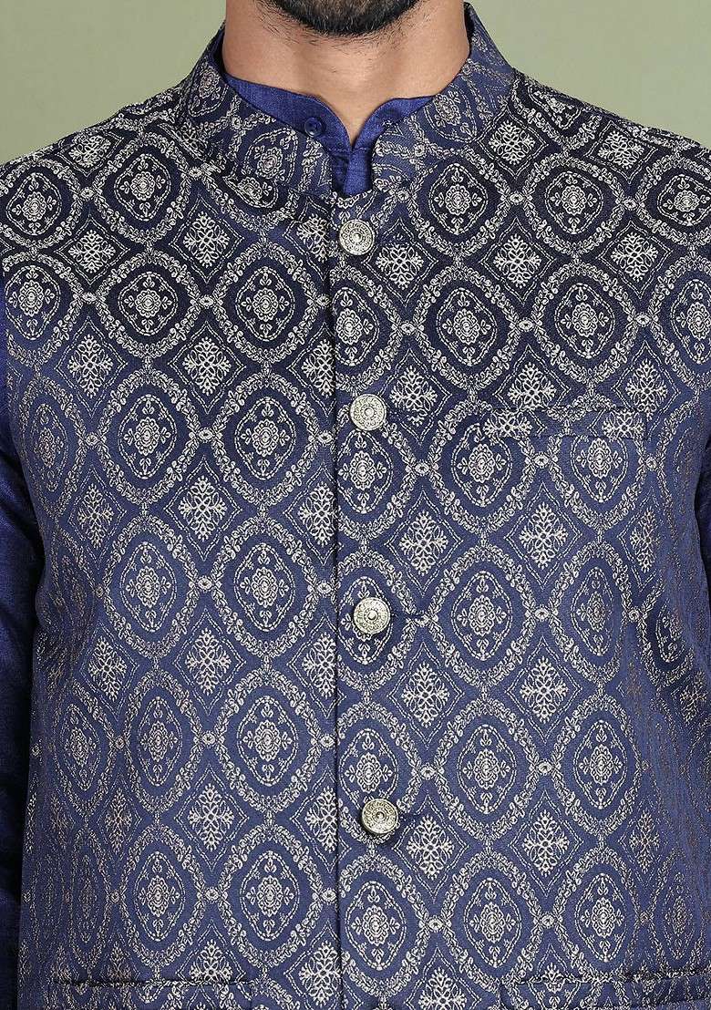 Navy Blue Printed Poly Blend Kurta Set For Men - Indya
