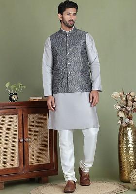 Charcoal Grey Embroidered Poly Blend Kurta Set For Men
