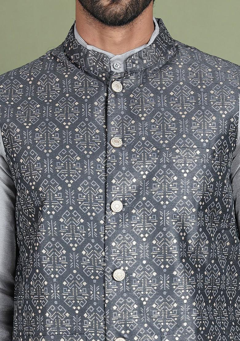 Charcoal Grey Embroidered Poly Blend Kurta Set For Men