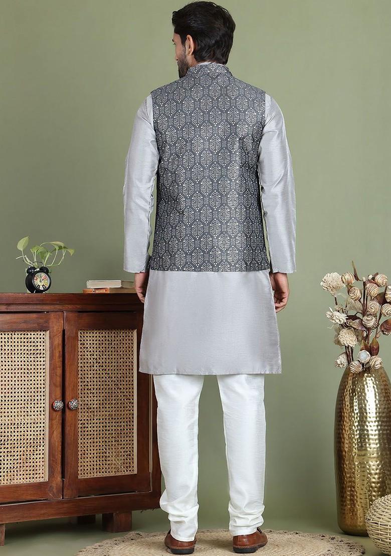 Charcoal Grey Embroidered Poly Blend Kurta Set For Men