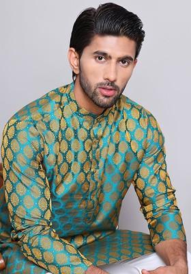 Green Woven Design Poly Blend Kurta Set For Men