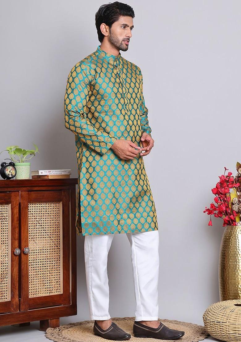Green Woven Design Poly Blend Kurta Set For Men
