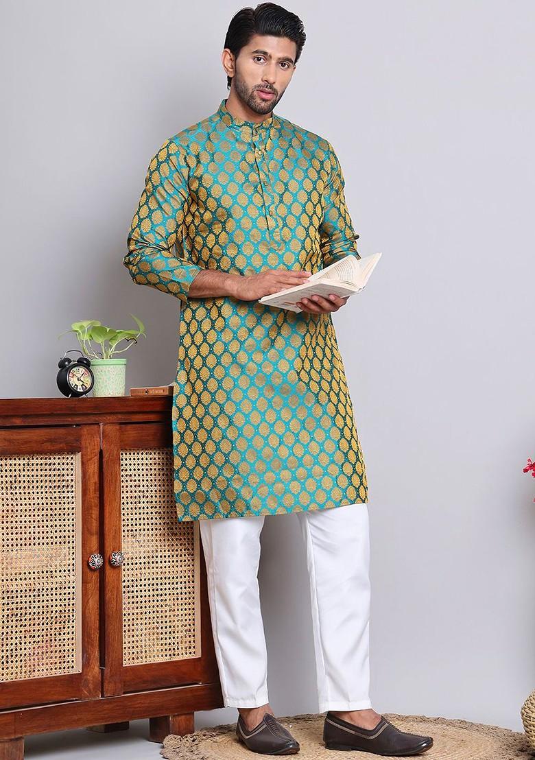 Green Woven Design Poly Blend Kurta Set For Men