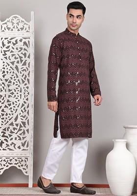 Coffee Brown Embroidered Poly Blend Kurta Set For Men
