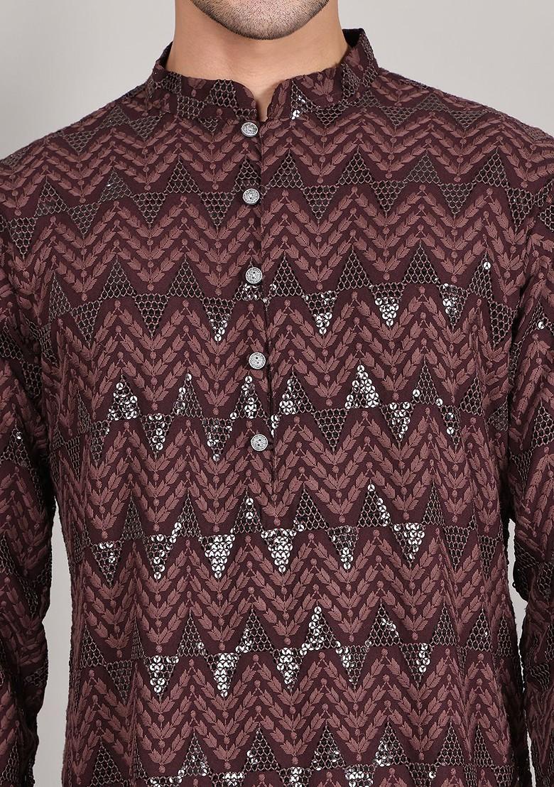Coffee Brown Embroidered Poly Blend Kurta Set For Men
