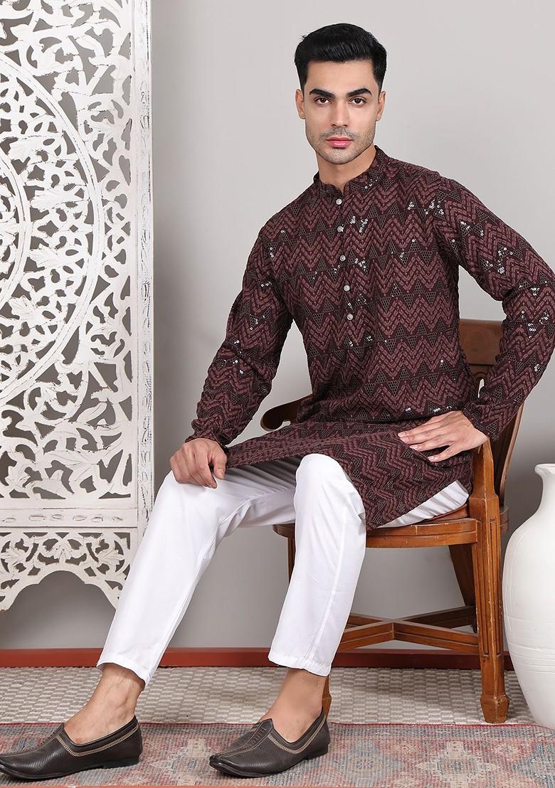 Coffee Brown Embroidered Poly Blend Kurta Set For Men