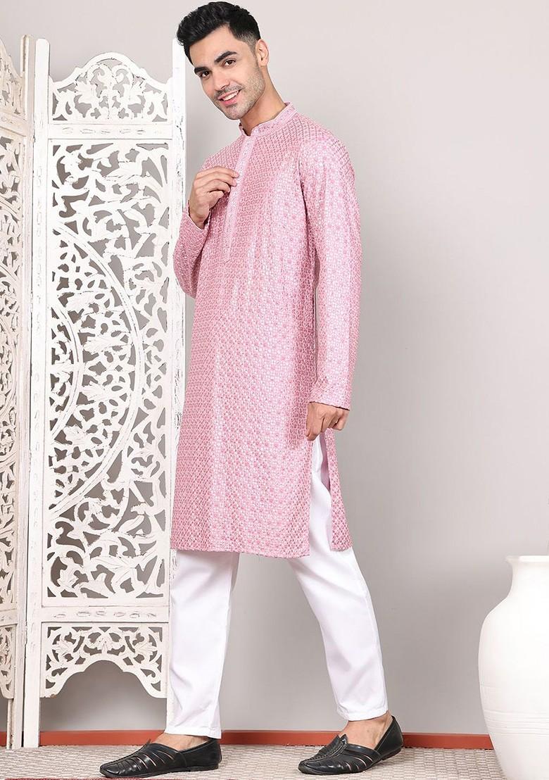 Magenta Embroidered Poly Blend Kurta Set For Men