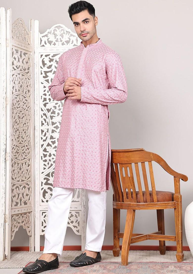 Magenta Embroidered Poly Blend Kurta Set For Men