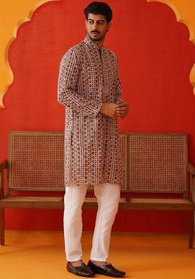 Brown Embroidered Poly Blend Kurta Set For Men