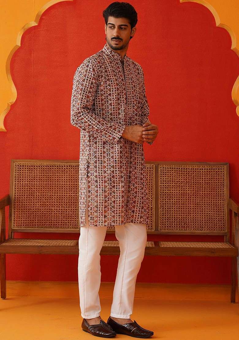 Brown Embroidered Poly Blend Kurta Set For Men - Indya
