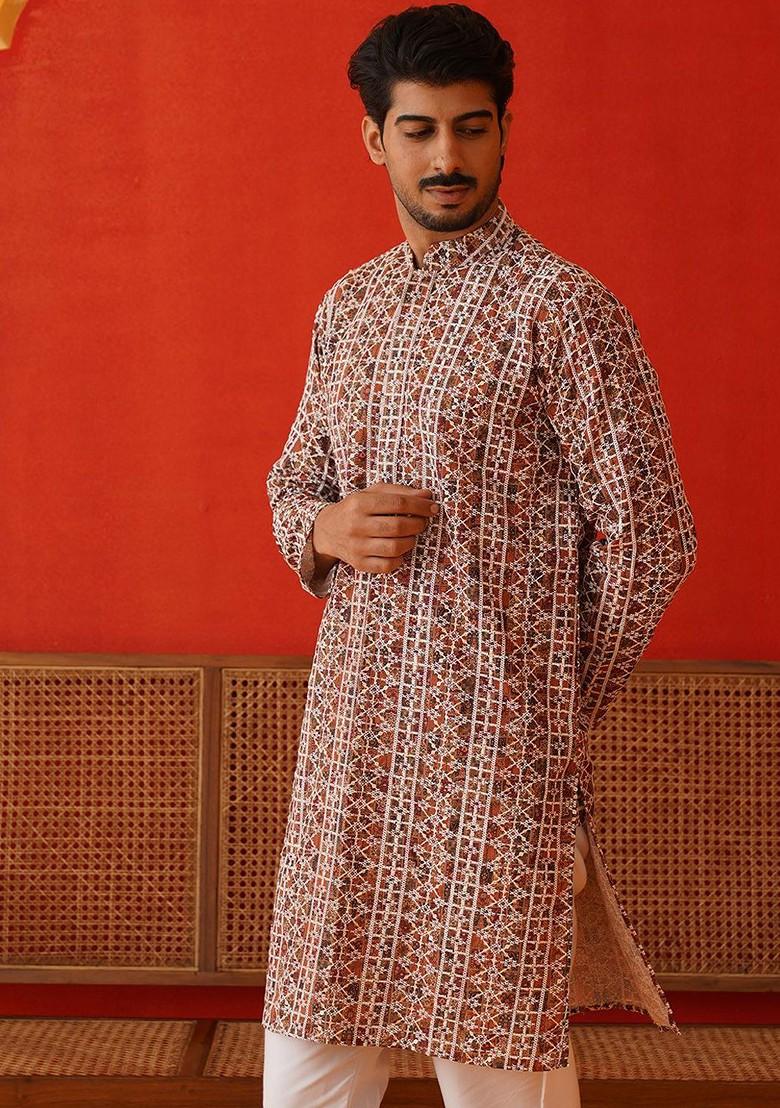 Brown Embroidered Poly Blend Kurta Set For Men