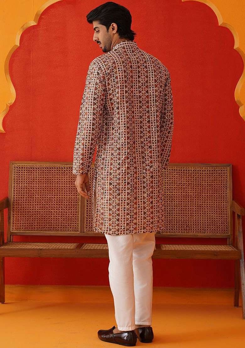 Brown Embroidered Poly Blend Kurta Set For Men - Indya