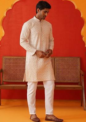 Beige Embroidered Poly Blend Kurta Set For Men
