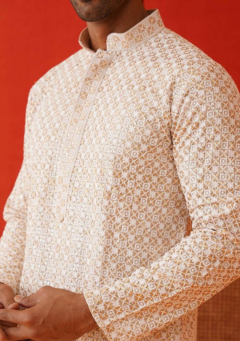 Beige Embroidered Poly Blend Kurta Set For Men
