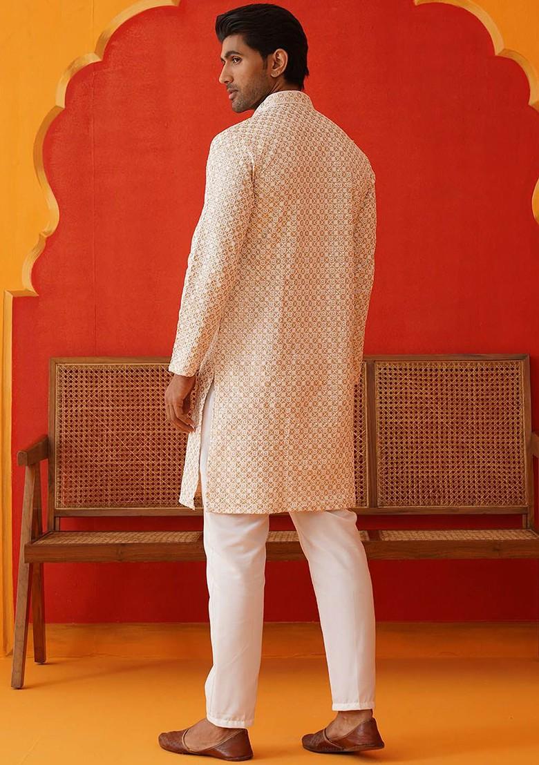 Beige Embroidered Poly Blend Kurta Set For Men