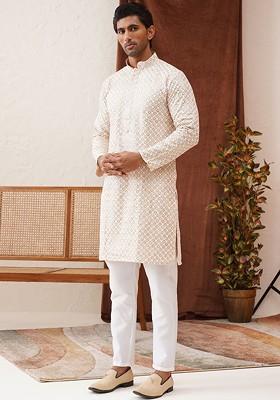 Beige Embroidered Poly Blend Kurta Set For Men