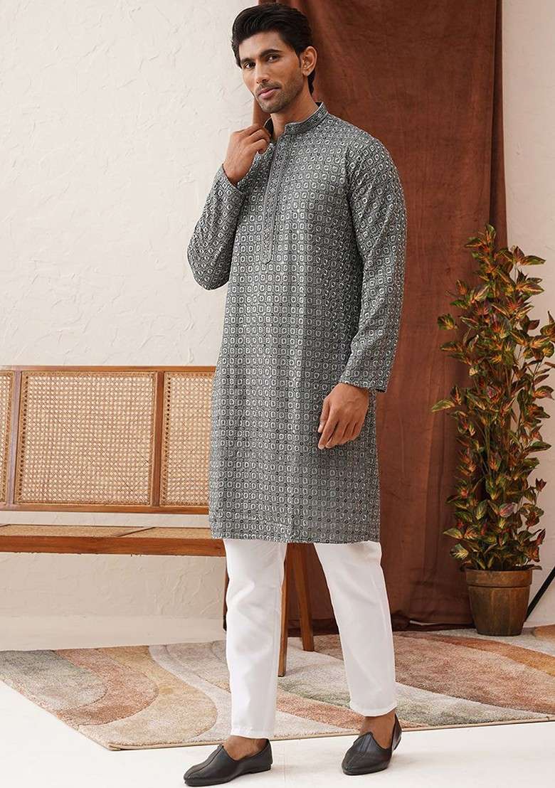 Grey Embroidered Poly Blend Kurta Set For Men - Indya