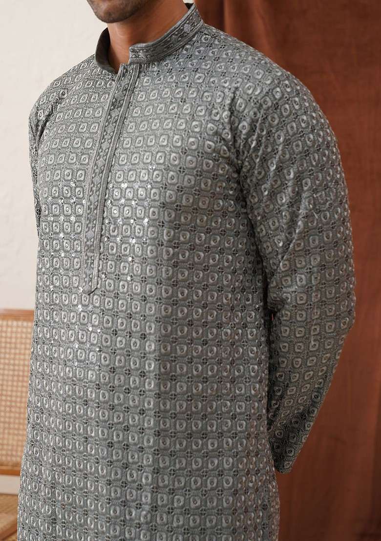 Grey Embroidered Poly Blend Kurta Set For Men - Indya