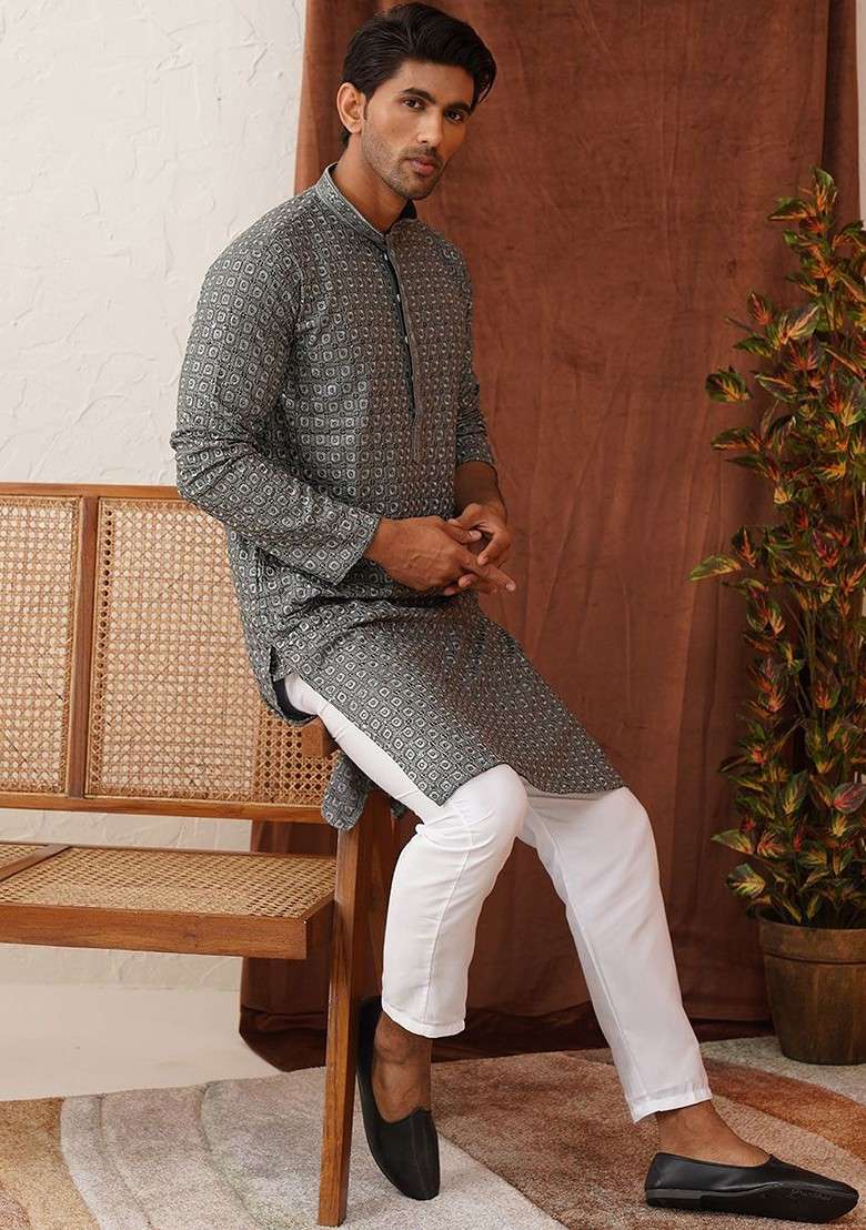 Grey Embroidered Poly Blend Kurta Set For Men - Indya