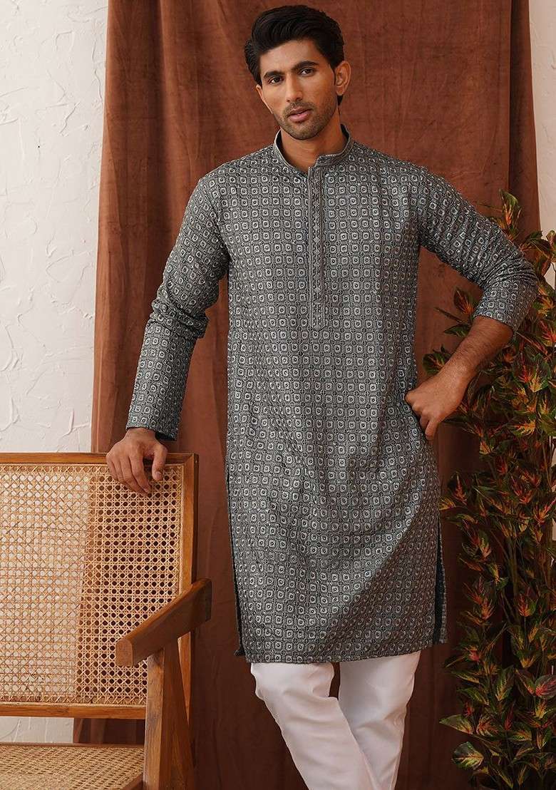 Grey Embroidered Poly Blend Kurta Set For Men - Indya