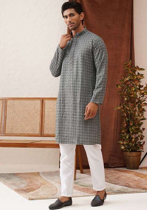 Grey Embroidered Poly Blend Kurta Set For Men