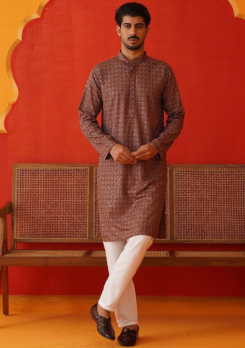 Rust Brown Embroidered Poly Blend Kurta Set For Men