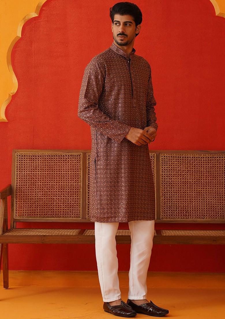 Rust Brown Embroidered Poly Blend Kurta Set For Men