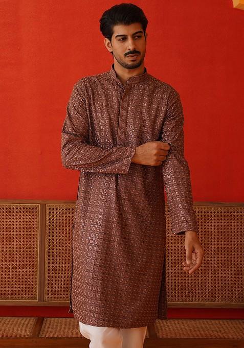 Rust Brown Embroidered Poly Blend Kurta Set For Men