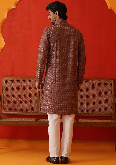 Rust Brown Embroidered Poly Blend Kurta Set For Men