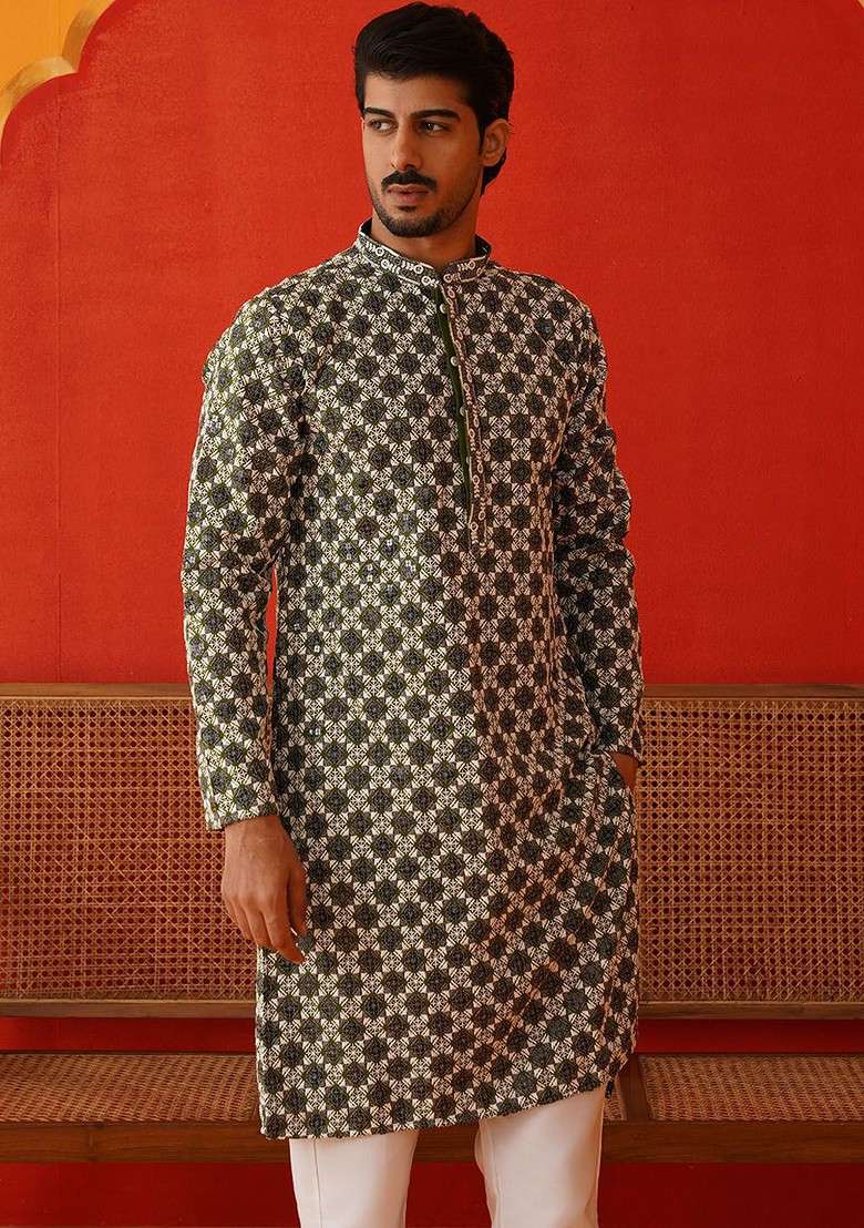 Olive Embroidered Poly Blend Kurta Set For Men - Indya