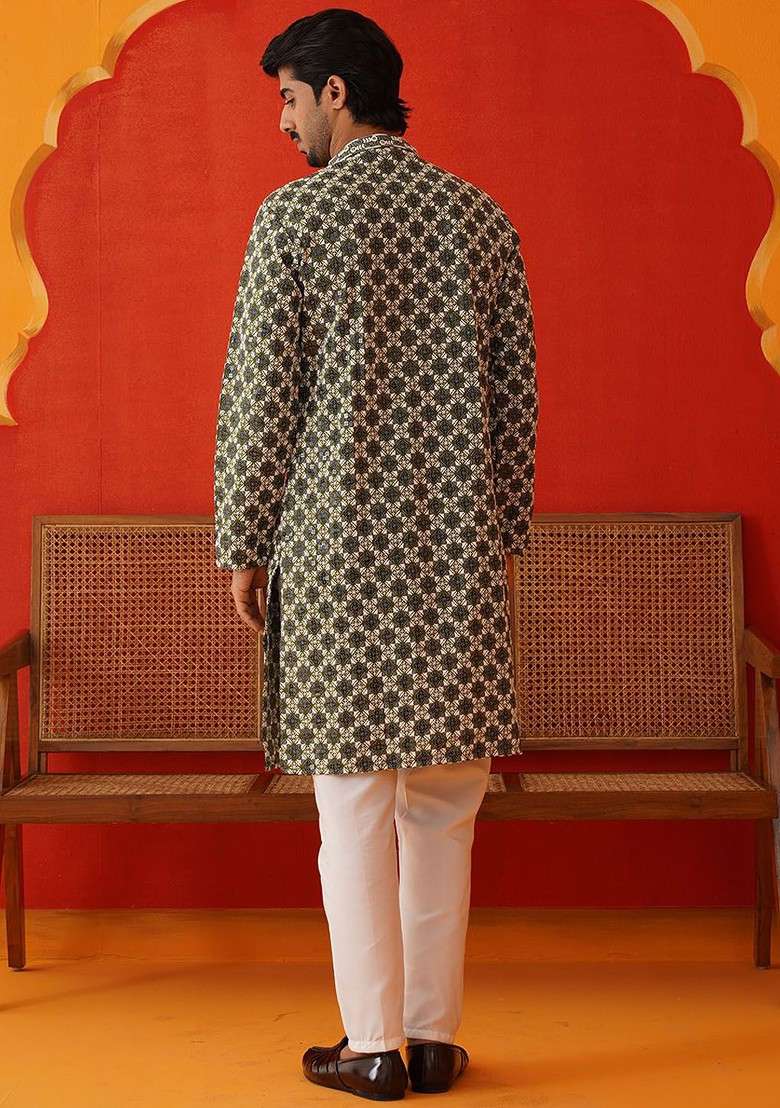 Olive Embroidered Poly Blend Kurta Set For Men - Indya