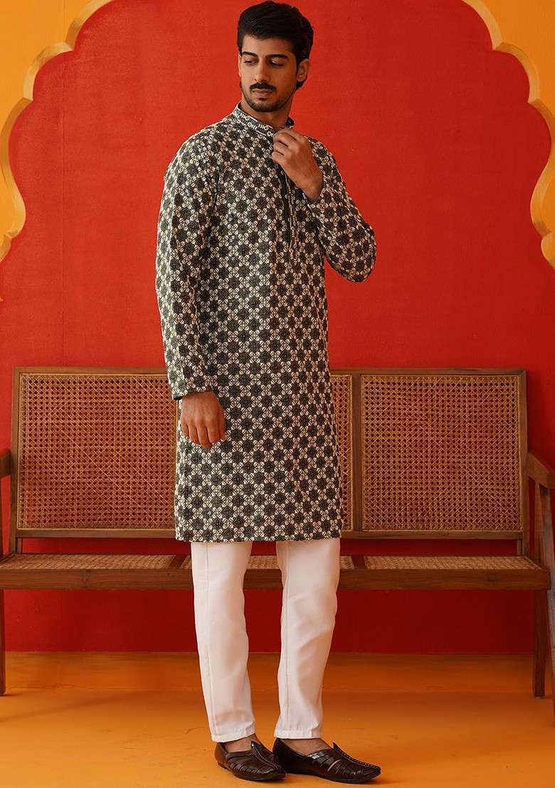 Olive Embroidered Poly Blend Kurta Set For Men - Indya