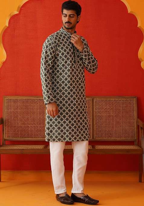 Olive Embroidered Poly Blend Kurta Set For Men