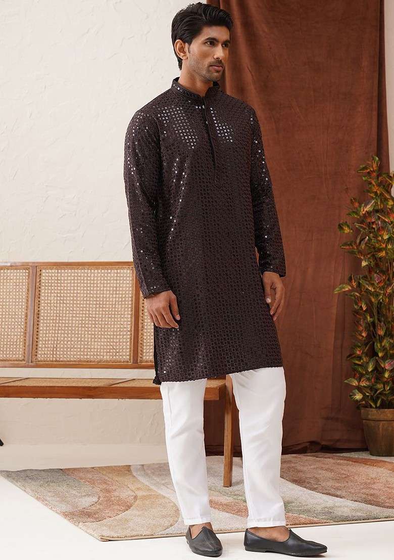 Coffee Brown Embroidered Poly Blend Kurta Set For Men - Indya