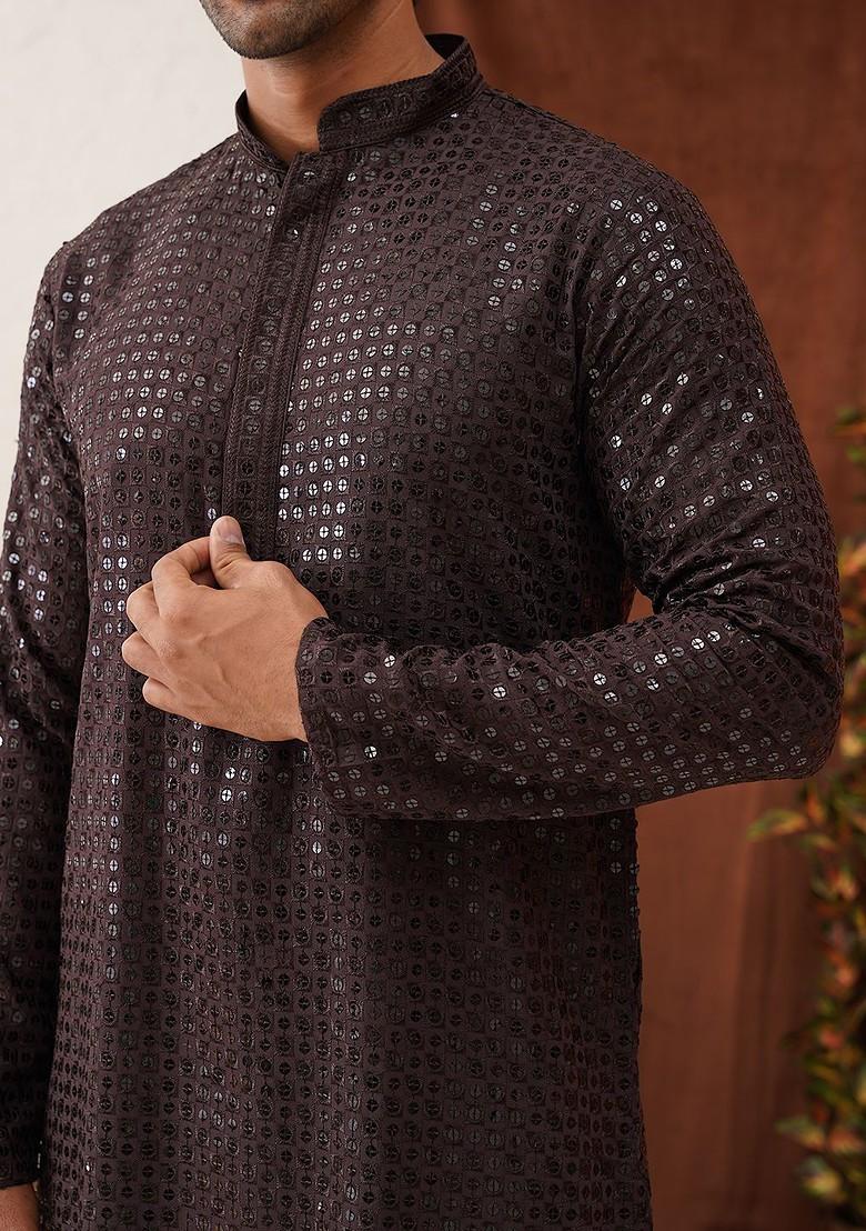 Coffee Brown Embroidered Poly Blend Kurta Set For Men