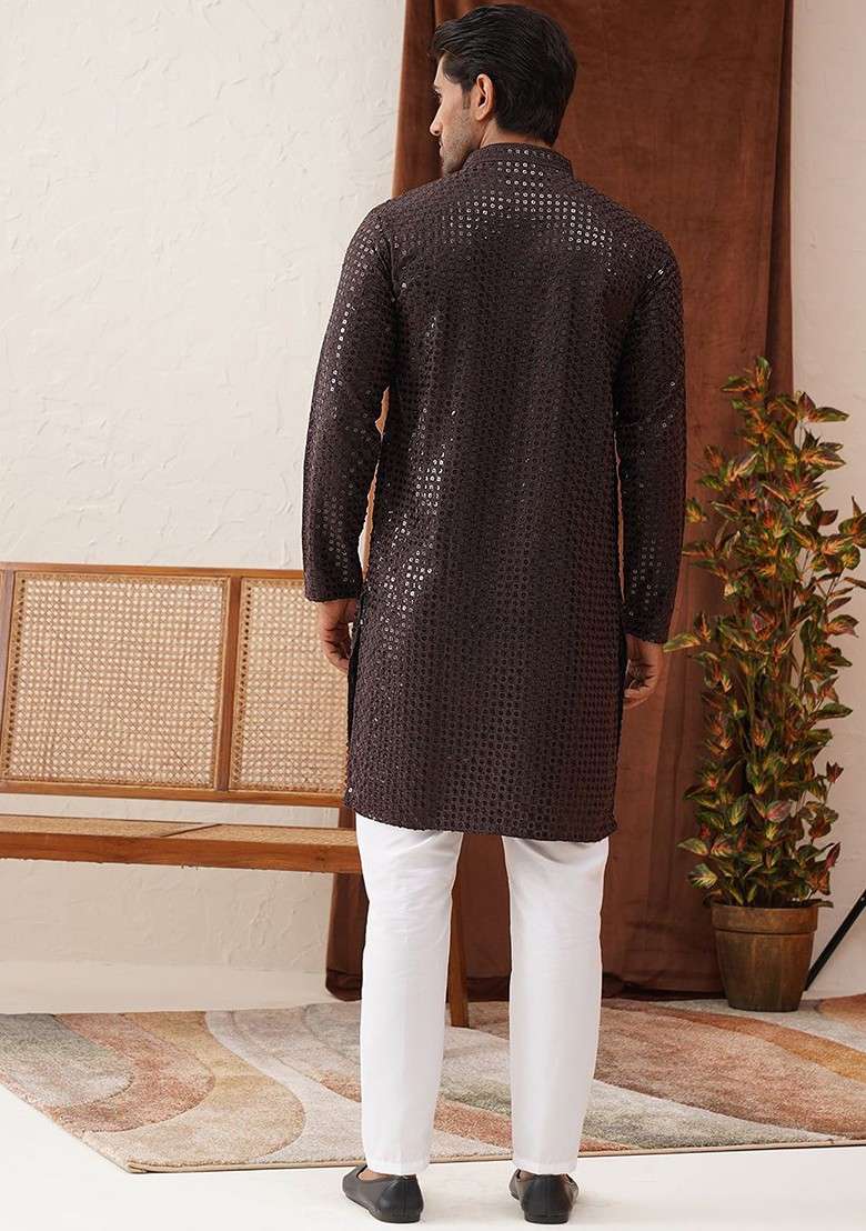 Coffee Brown Embroidered Poly Blend Kurta Set For Men - Indya